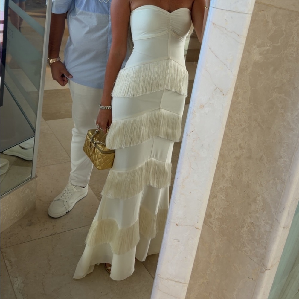 Strapless Cream Fringe Tiered Evening Dress